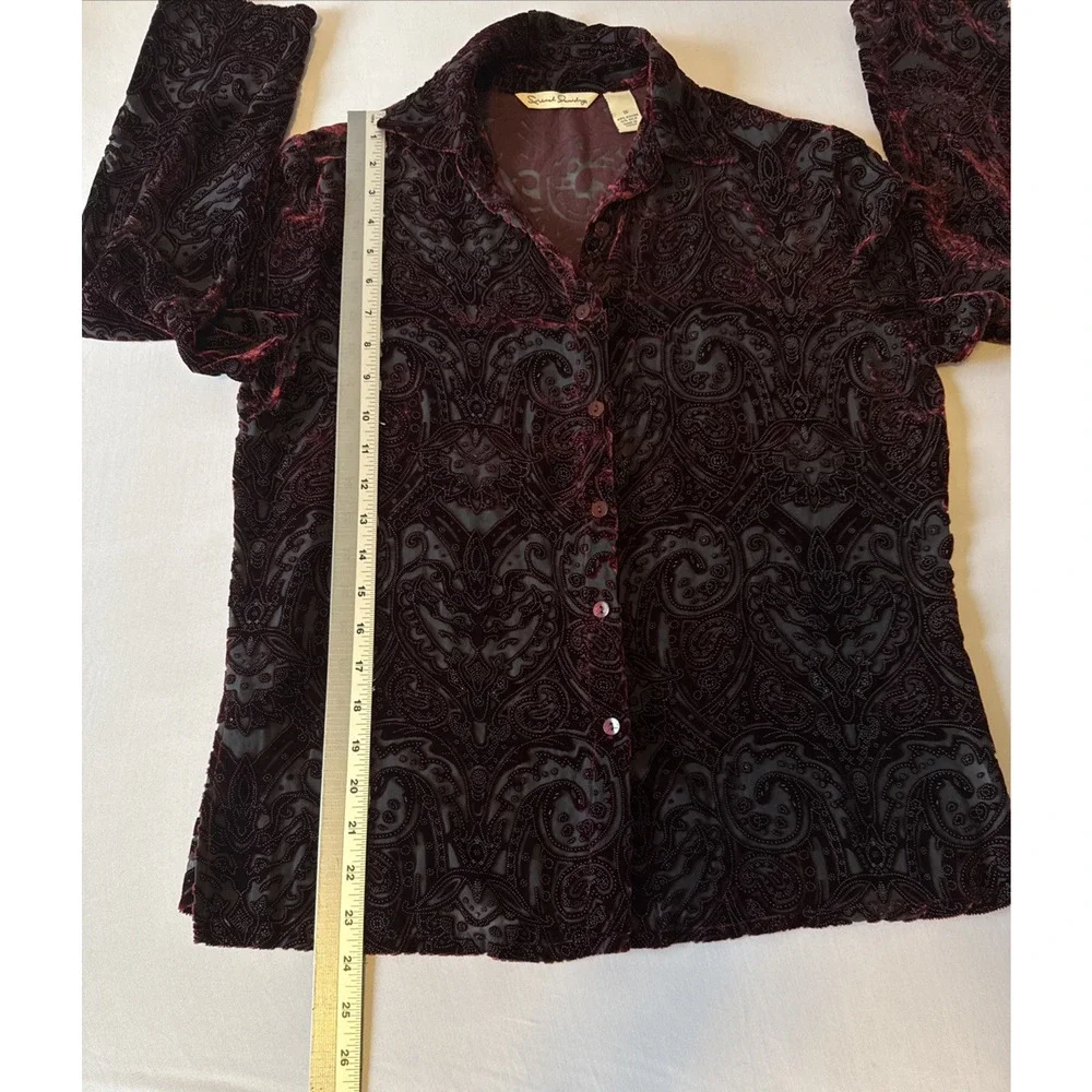 French Laundry Women’s S Whimsigoth Silk Red Velvet Burnout Button‎ Down Shirt